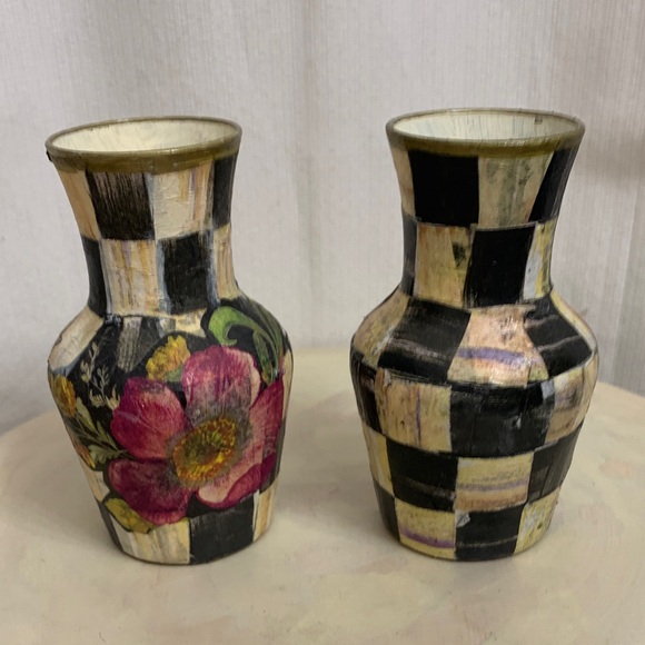 Vintage Bud Vases Flower Market Courtly Check Decoupaged Mackenzie Childs - Picture 8 of 8